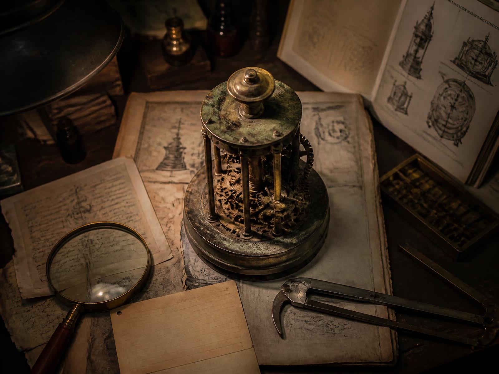A researcher's desk with a magnifying glass, callipers and an unidentified brass mechanism